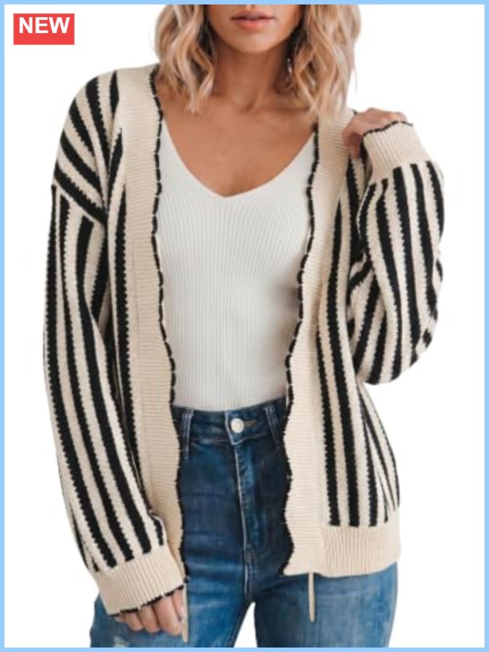 Striped Cardigan Sweater Wavy Trim Tie Front Long Sleeve Knit